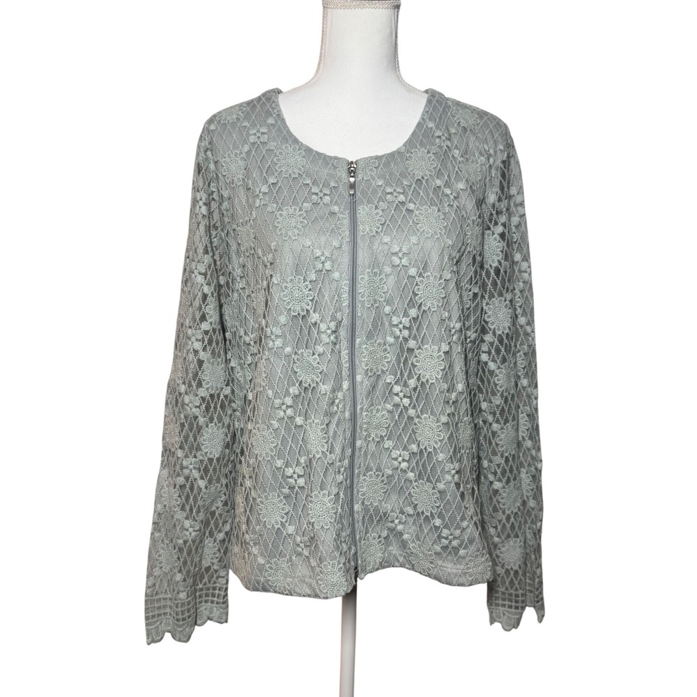 Bedford Fair Floral Lace Zip Front Jacket XL Sage Green Lined Layer